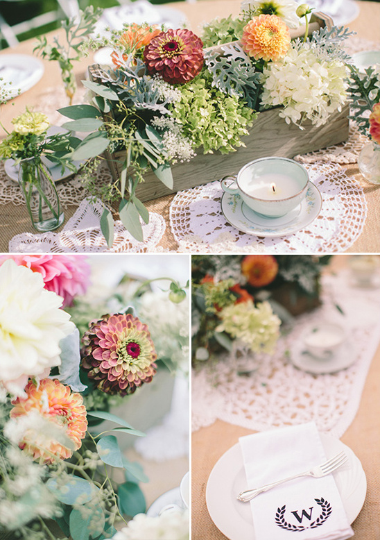 tea cup candles and monogram napkins @weddingchicks