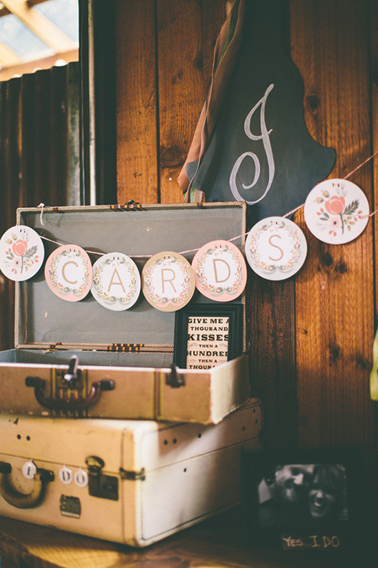 Wedding card display with vintage suitcases and I do tags