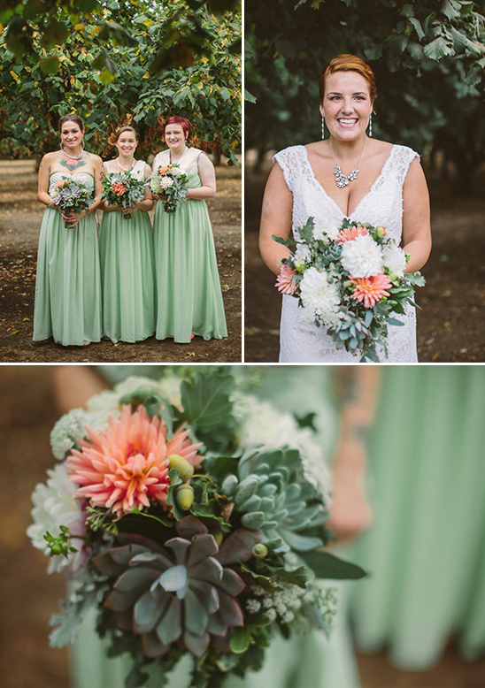 Bridesmaids in green dresses with bouquets and the happy bride