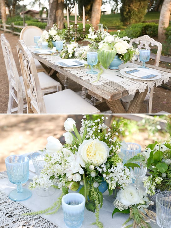 blue and white reception table decor @weddingchicks