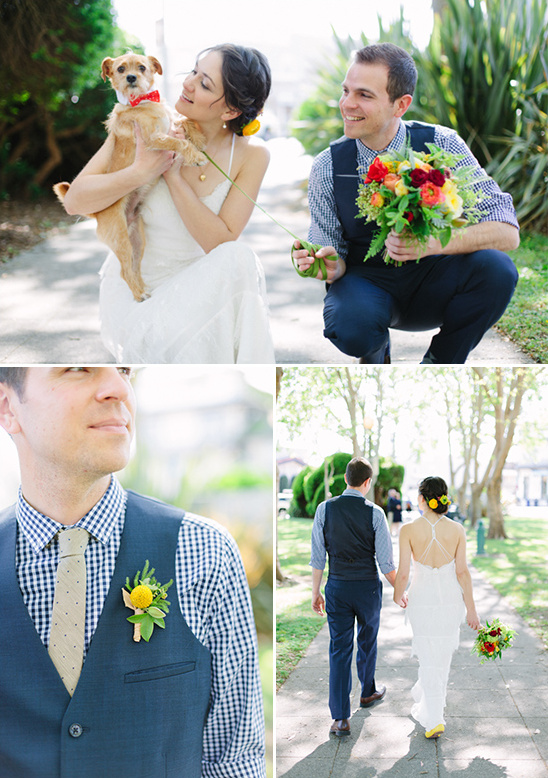 Happy couple with dog on their wedding day outdoor