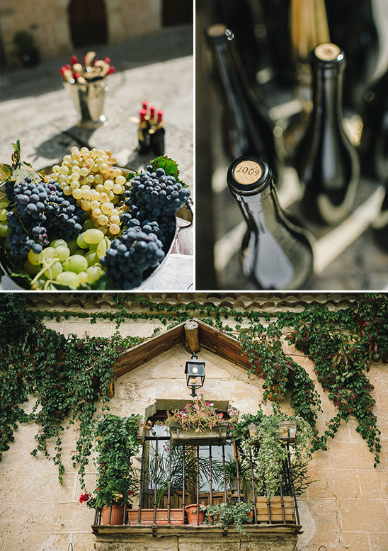Grapes, wine bottles, and a balcony scene with an old building aesthetic
