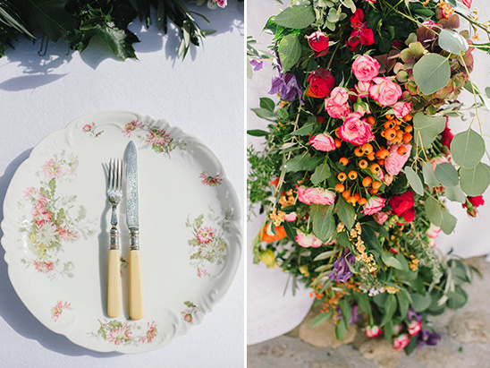 Elegant table setting with floral plate and beautiful flower arrangement