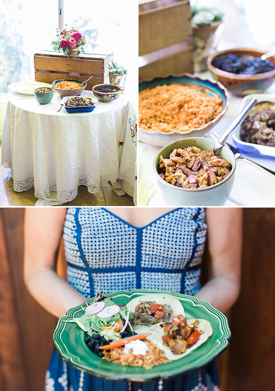 Mexican food buffet with tacos, beans, and rice for party