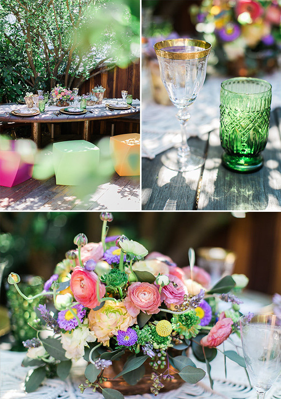 Elegant outdoor wedding table with floral arrangement and glasses