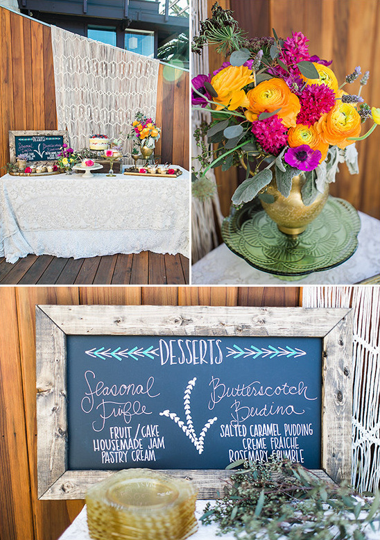 Wedding dessert table with flowers, cake and dessert menu