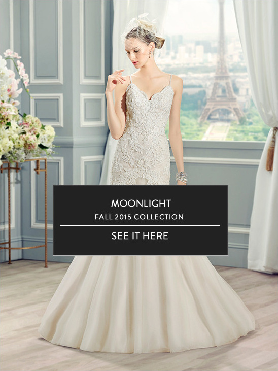 Elegant bride in a Moonlight Fall 2015 wedding dress with Eiffel Tower view