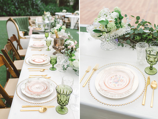 place setting with hints of pink and gold @weddingchicks