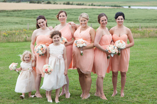 Bridesmaids in peach dresses and flower girls on green field