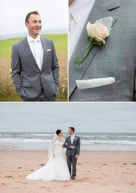 Groom in grey suit with bride at a beach wedding ceremony