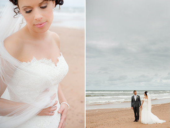 Bride and groom on beach wedding day, beautiful lace wedding dress