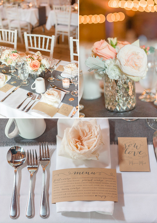 Wedding reception table details with roses and menu