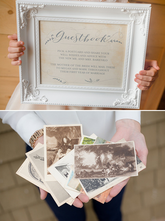 Creative wedding guestbook sign and vintage postcards idea