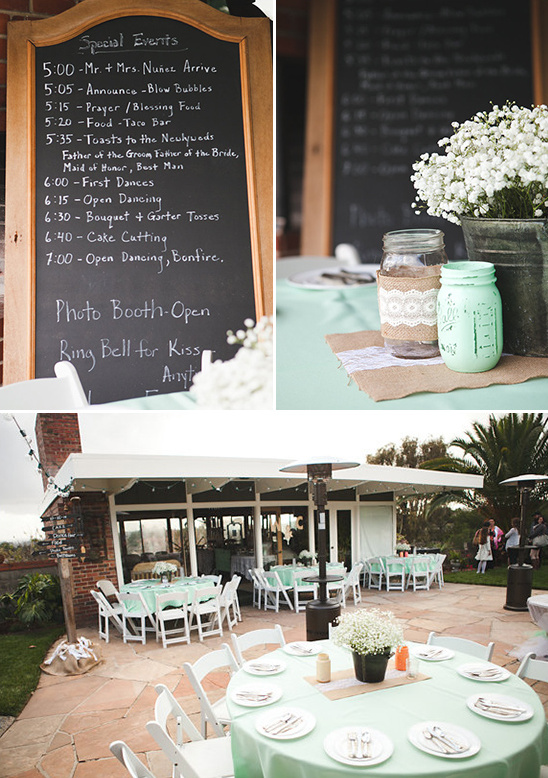 Wedding reception with chalkboard schedule, floral decor, and tables
