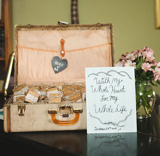Wedding favor suitcase filled with gifts next to a heart sign
