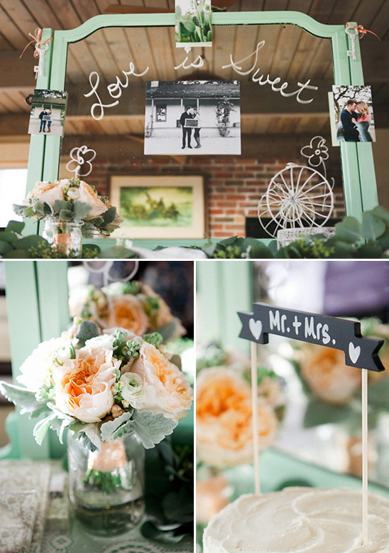 Romantic wedding decor with vintage photos, flowers, and cake details