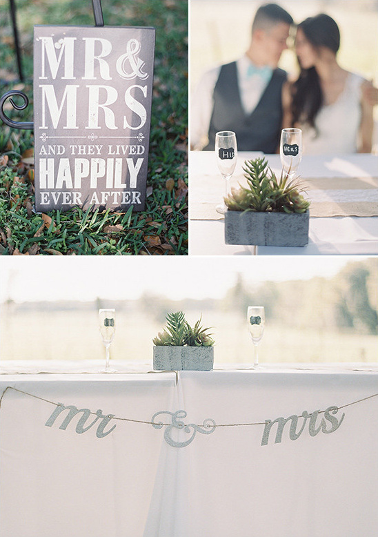 Wedding decor with Mr and Mrs sign, celebration, and happy couple