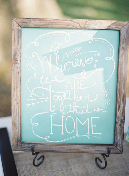 Turquoise sign reading Wherever we are together Home