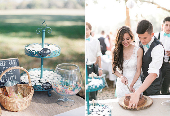 Wedding cake cutting and outdoor dessert display