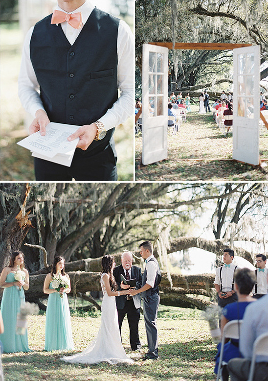 Outdoor wedding with groom, bridesmaids, and scenic archway
