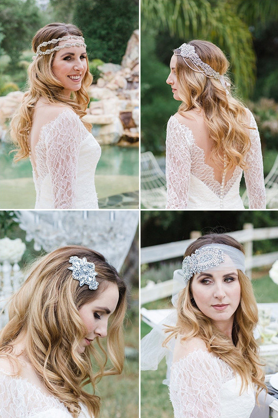 Elegant bride wearing wedding dress with headbands and hair accessories
