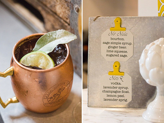 Copper mug cocktail and menu with sage and lime garnish