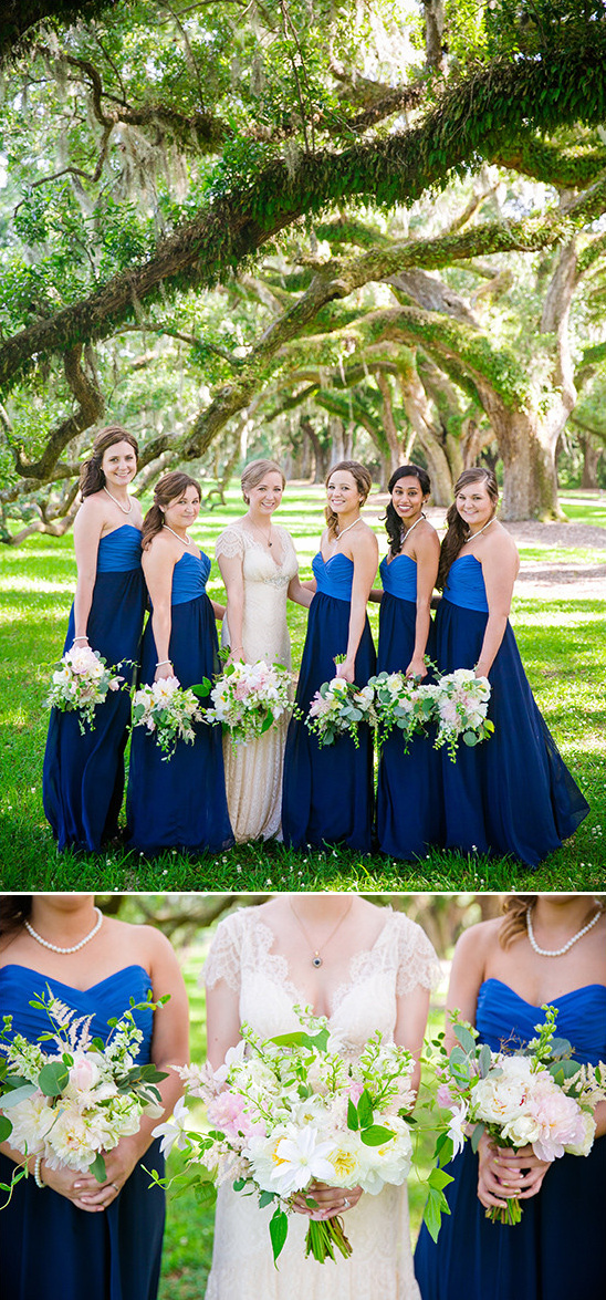 Bride and bridesmaids in blue dresses with bouquets
