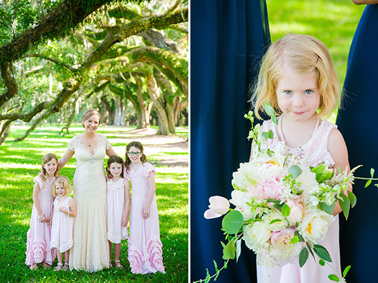 Bride and flower girls at outdoor wedding ceremony