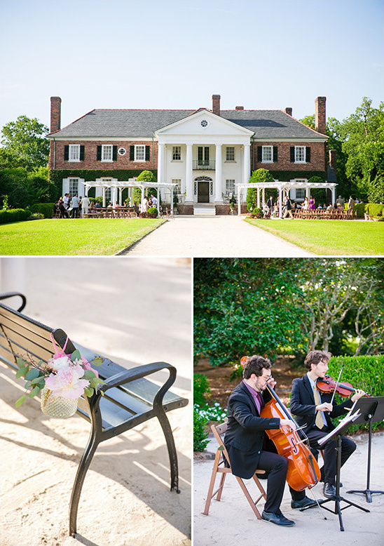 Elegant outdoor wedding venue with musicians playing music
