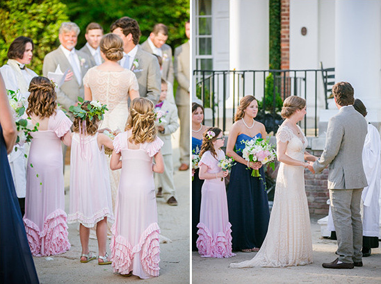 Bridesmaids and flower girls at outdoor wedding ceremony