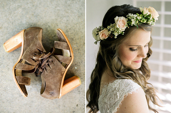 Bride with flower crown and rustic heeled wedding shoes