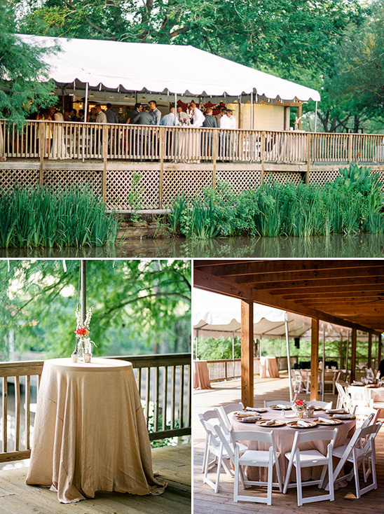 Outdoor wedding reception venue with guests and tables