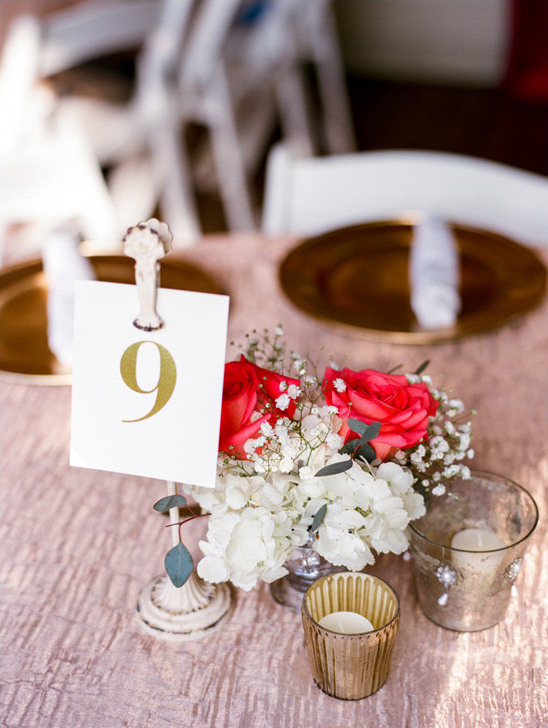 Elegant wedding table number nine with roses and candles