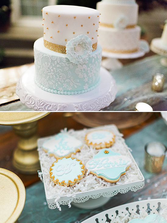 Elegant wedding cake and custom decorated cookie favors