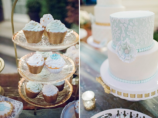 Wedding cupcakes and cake with light blue decoration
