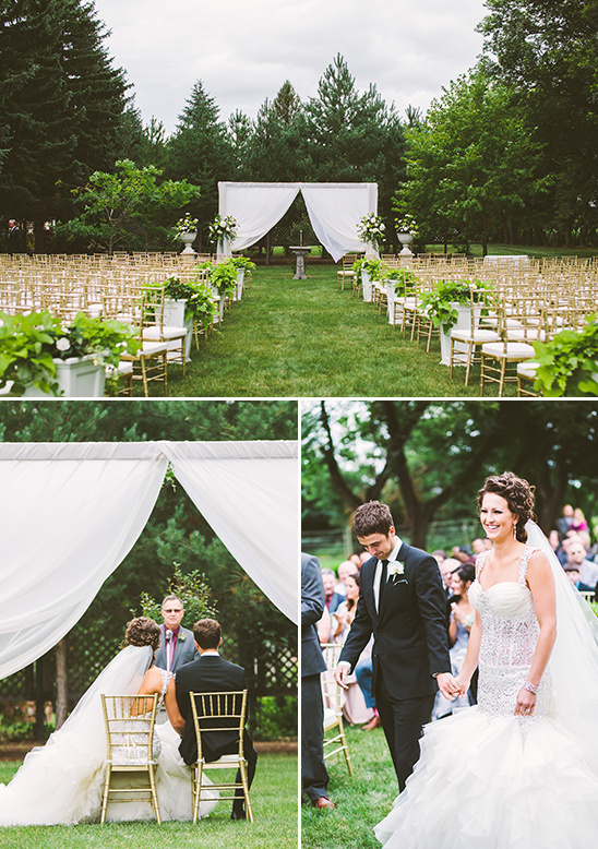 Outdoor wedding ceremony with garden setting and happy couple