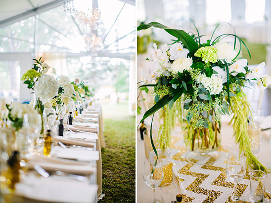 Elegant white flower centerpieces adorn wedding tables