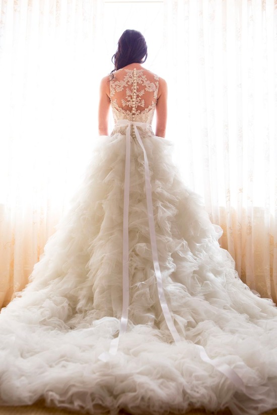 Gorgeous lace back wedding dress with white ruffles