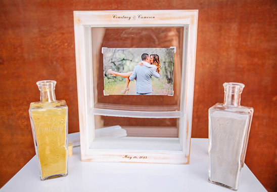Wedding sand ceremony display with couple photo