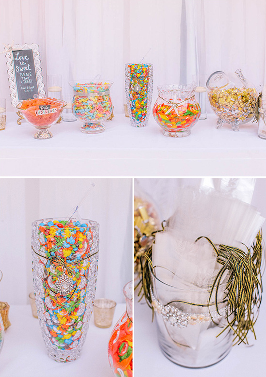 Colorful candy buffet jars for wedding dessert table