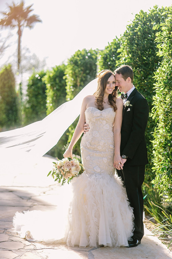 Happy bride and groom on their wedding day outdoors