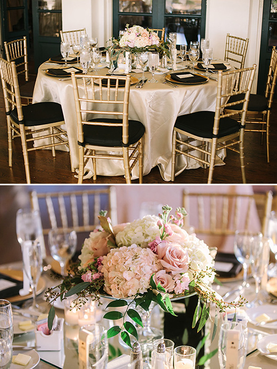 Elegant wedding reception table setting with floral centerpiece