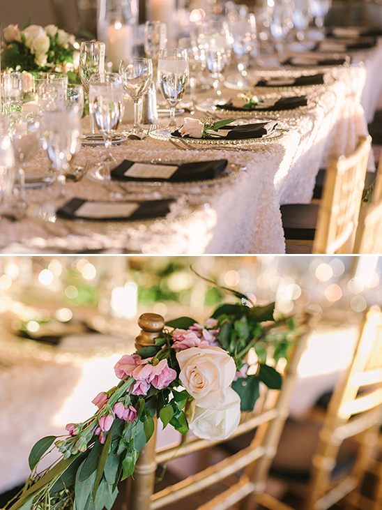 Elegant wedding reception table setting with floral accents
