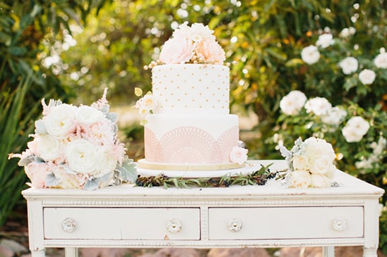pink and white wedding cake @weddingchicks