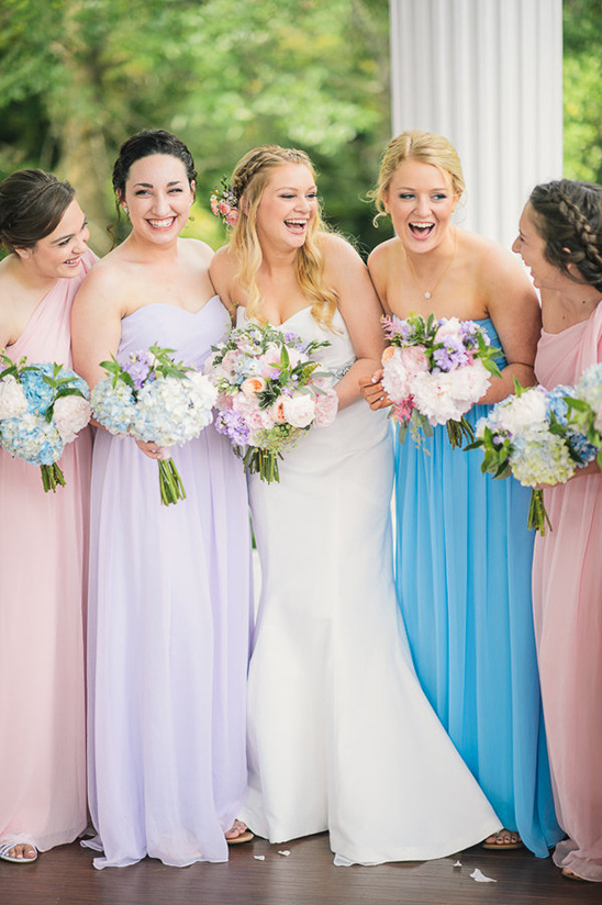 pink purple and blue bridesmaid dresses @weddingchicks