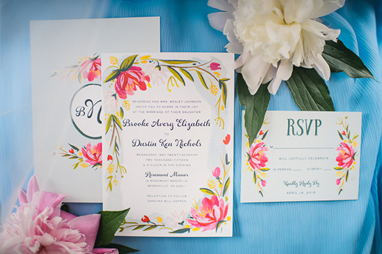 Floral wedding invitation suite with RSVP and envelope