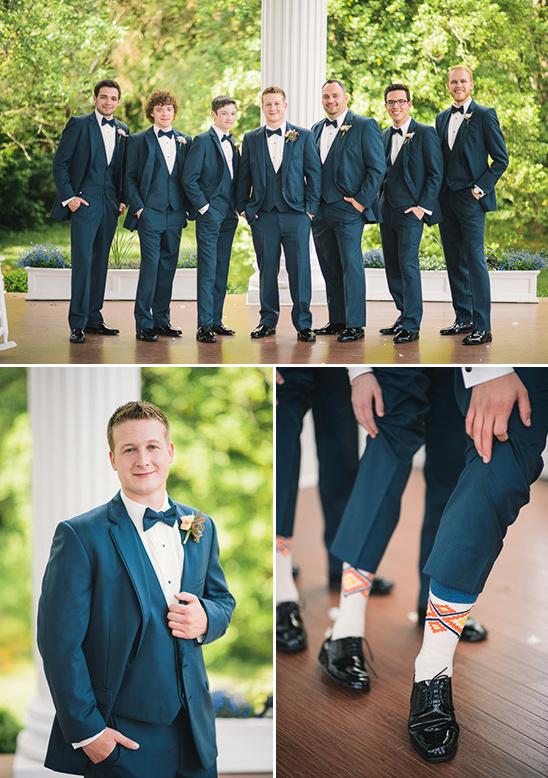 Groomsmen in teal suits wedding style with funny socks