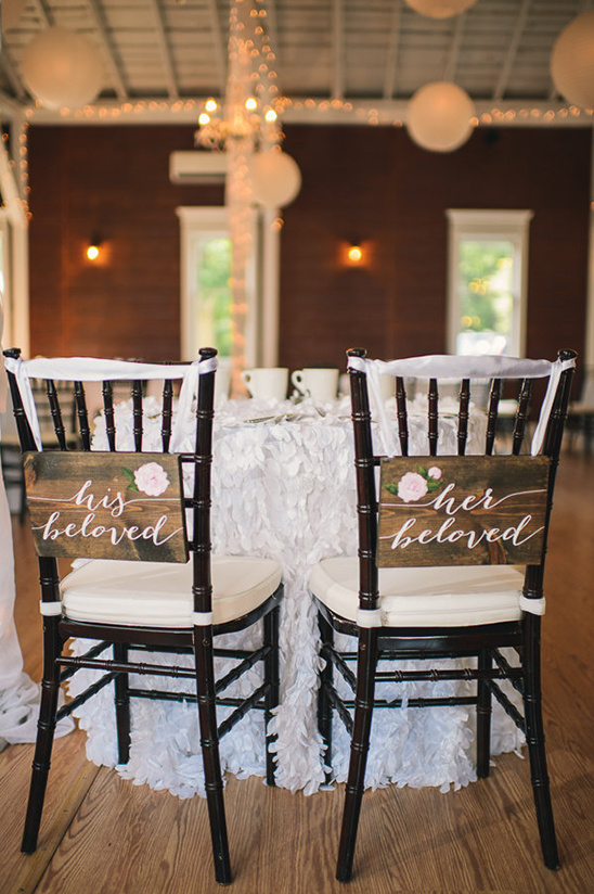 His and Her beloved wedding chairs with floral signs