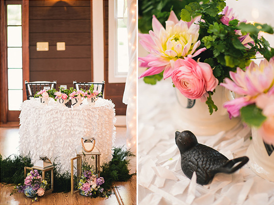 Wedding sweetheart table with floral arrangement and decor