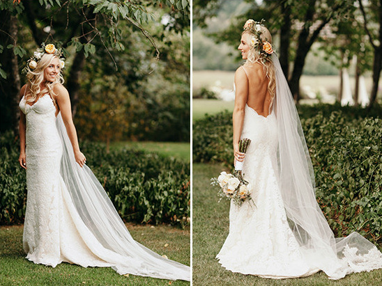Blonde bride in a lace gown and flower crown outdoors